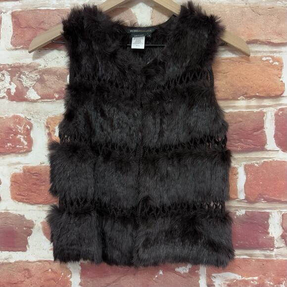 BCBGMAXAZRIA Cardigan Vest Womens S Brown Boho Festival Fur Crochet Shrug Jacket